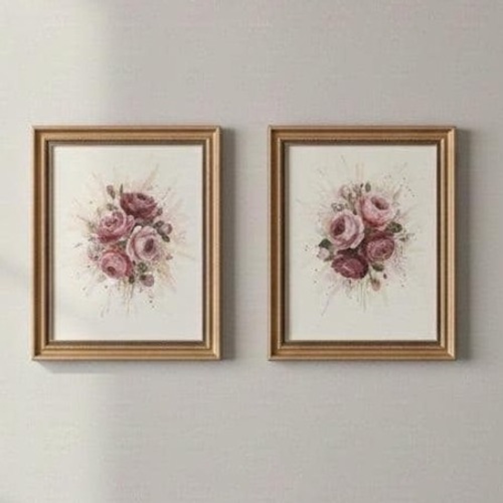 Vintage Framed Rose Floral Print Art Set of 2 Gold Tone Frames Whimsical Dainty